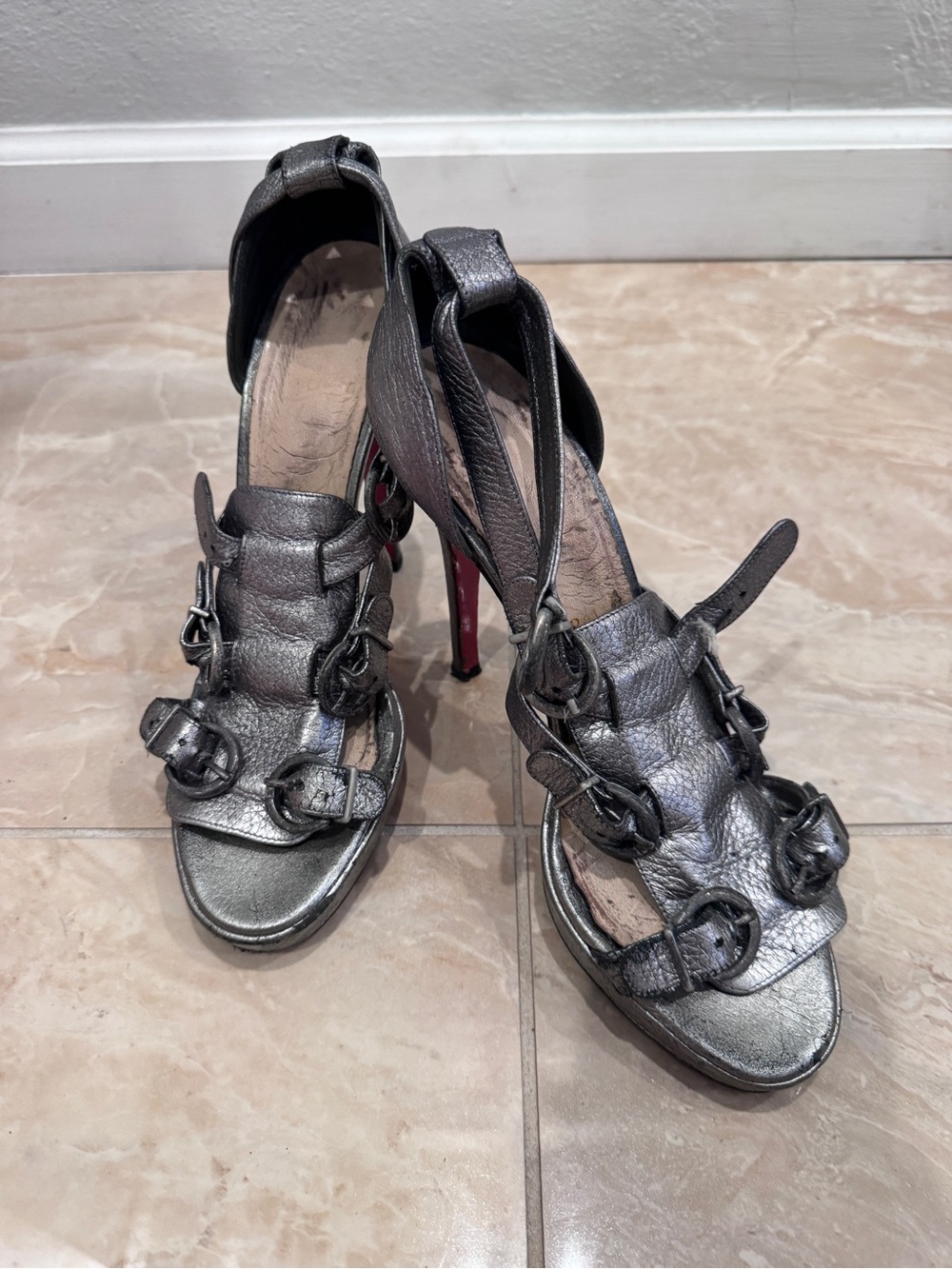 Christian Louboutin Metallic Silver Buckle-Embellished High Heels